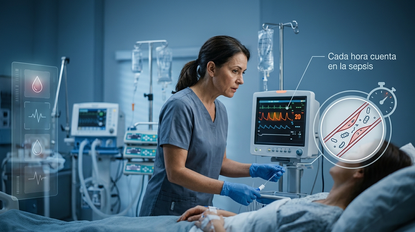 Prevención de la sepsis hospitalaria – Libera Médica Enfermera revisando el monitor de constantes de un paciente en UCI como parte de la prevención de la sepsis hospitalaria