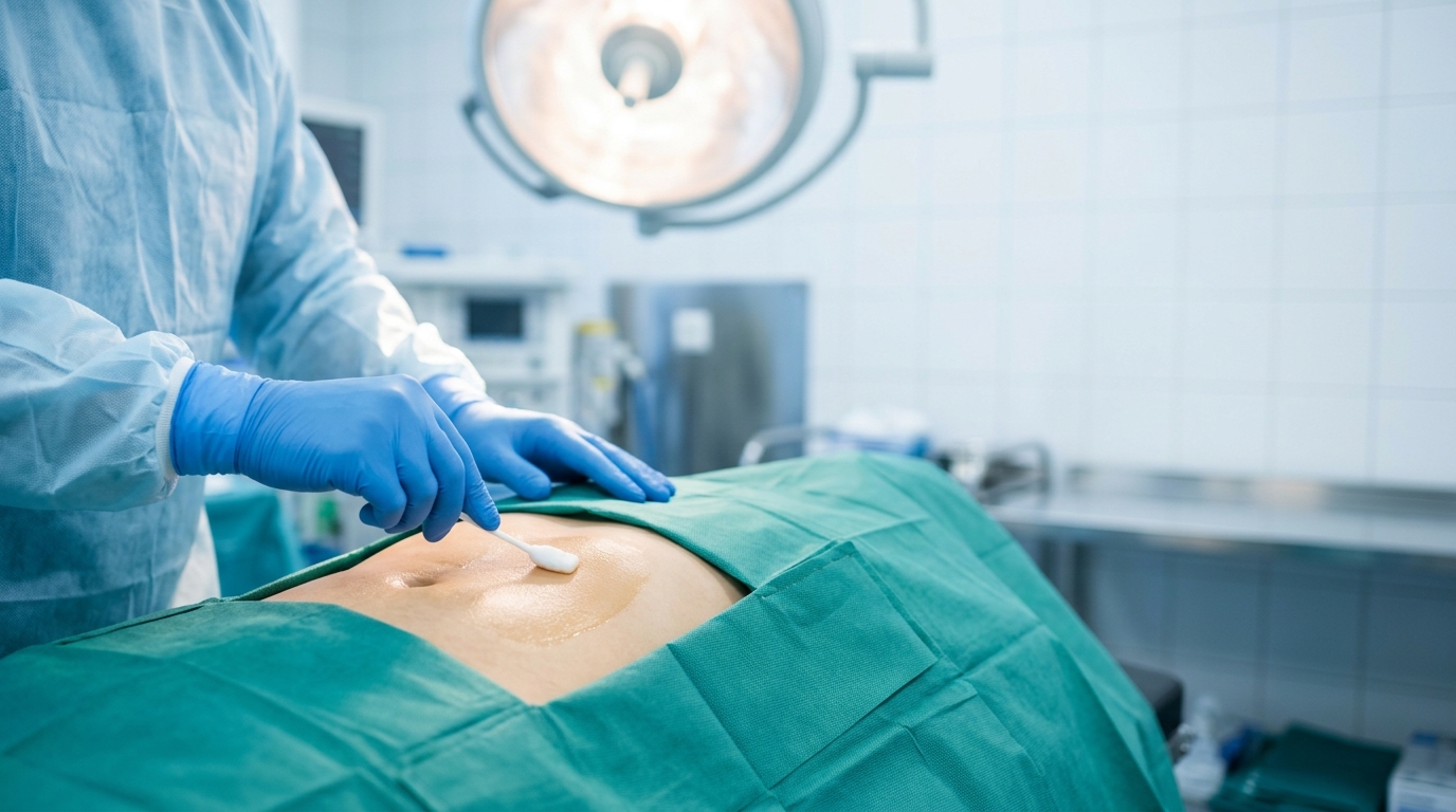Antisepsia preoperatoria en quirófano Cirujano aplicando antiséptico en la piel del paciente en quirófano para la prevención de la infección de sitio quirúrgico